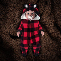 The Huntsie - Red/Black Buffalo Check (Lumberjack) Fleece Baby Jumpsuit with Hood and Ears