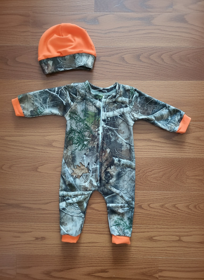 Camo Zip Onesie with Personalized OH DEER! Hat & Bib