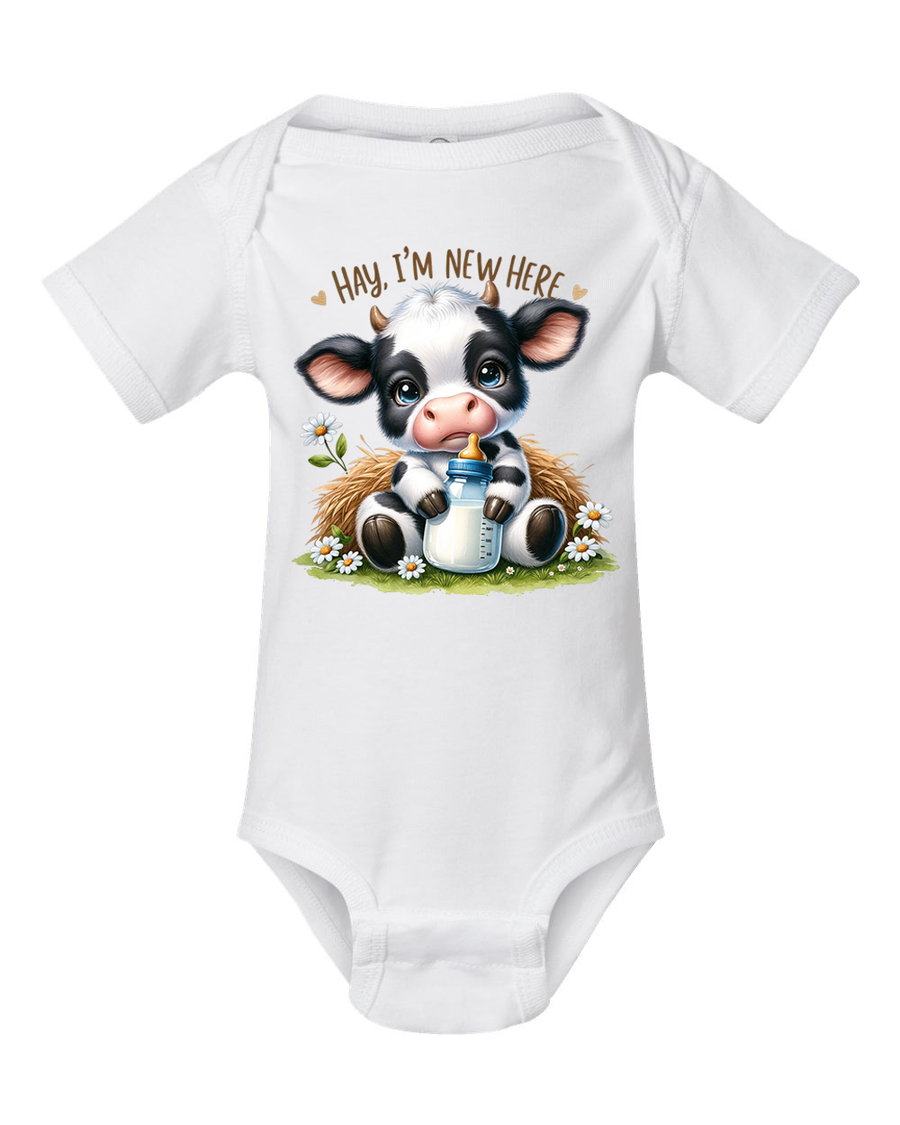 Hay I'm New Here Cow Themed Baby Bodysuit