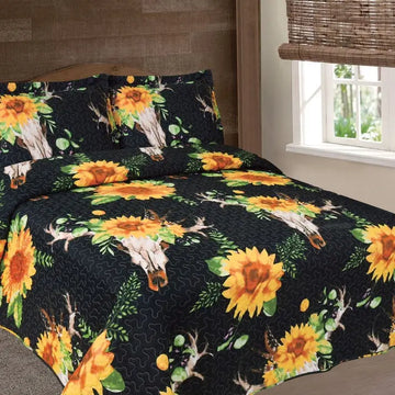 Black Sunflower & Skulls 3pc Bedspread Set-Queen/Full Only