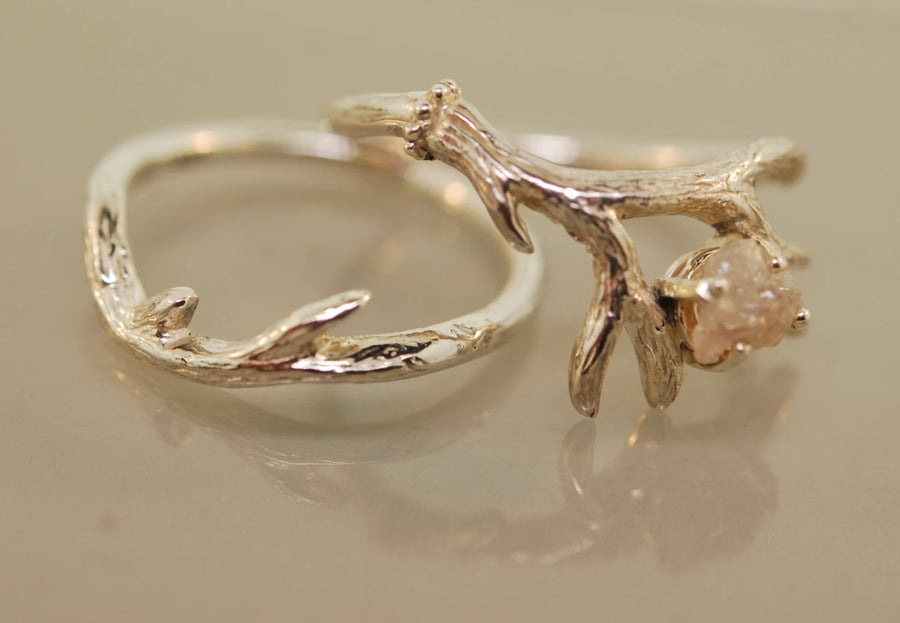 Antler Ring 2 Set with Raw Diamond-Sterling Silver