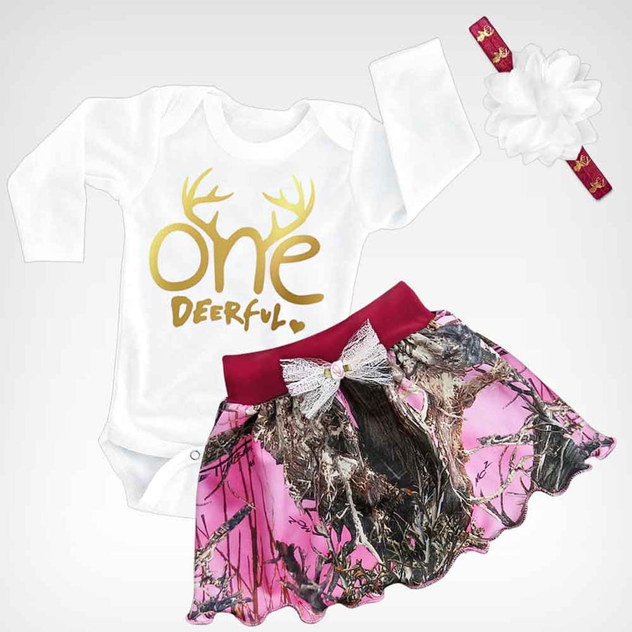 Baby Girl 1st Birthday Pink Camo Skirt and Onedeerful Long-sleeve Onesie Set