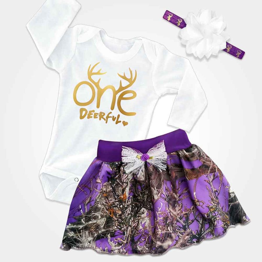 Baby Girl 1st Birthday Purple Camo Skirt and One-deerful Long-sleeve Onesie Set