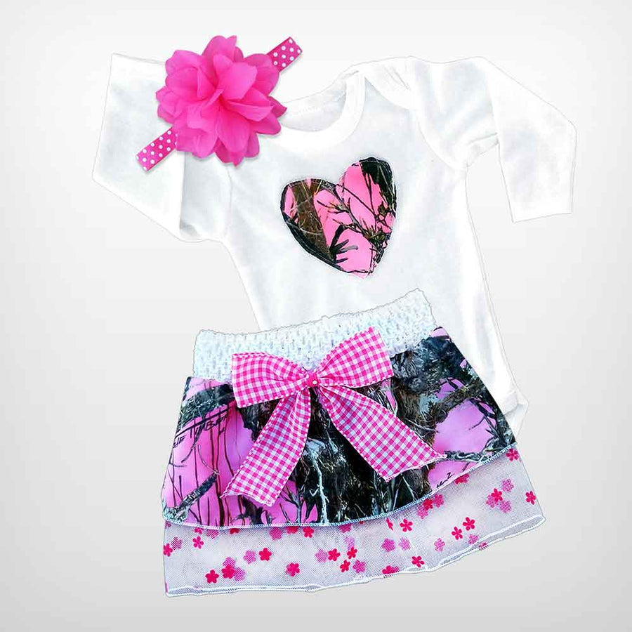 Baby Pink Camo Heart Skirt and Onesie Set