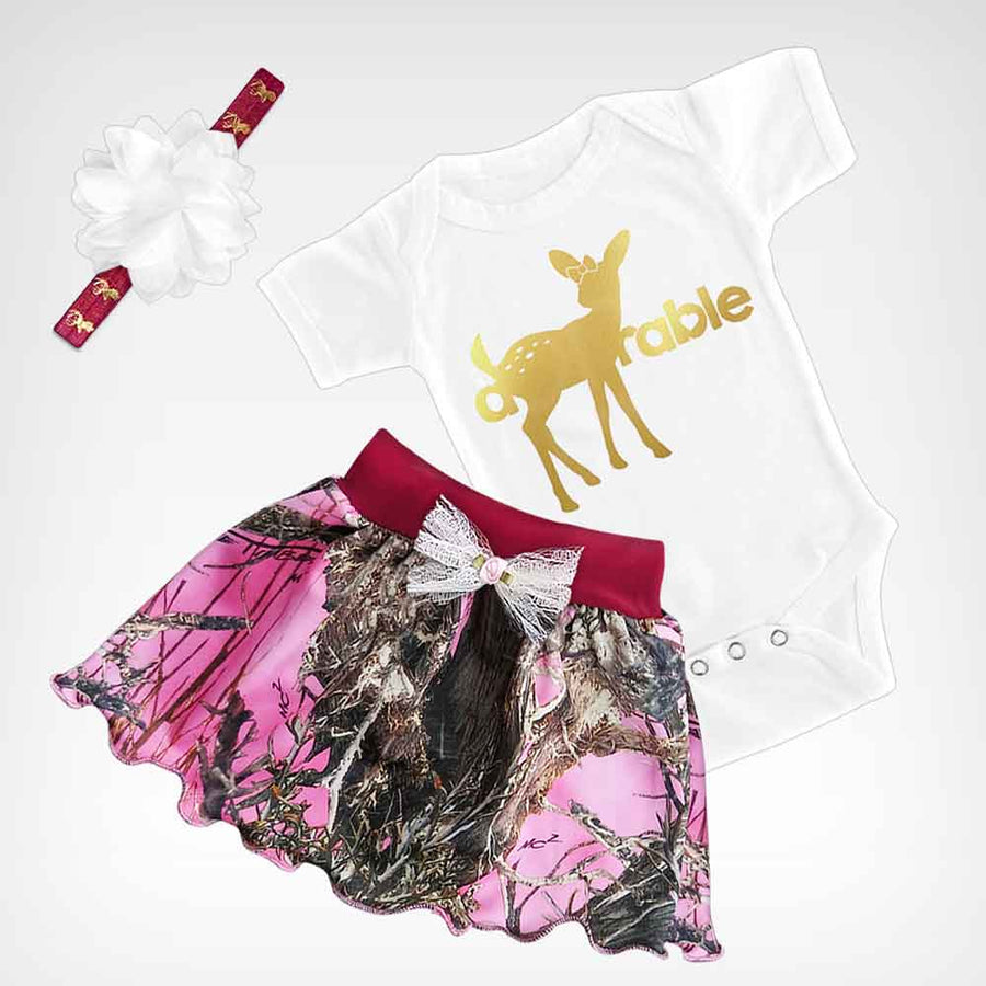 Baby Girl's Pink Camo Skirt and a-DOE-rable Short-sleeve Onesie Set