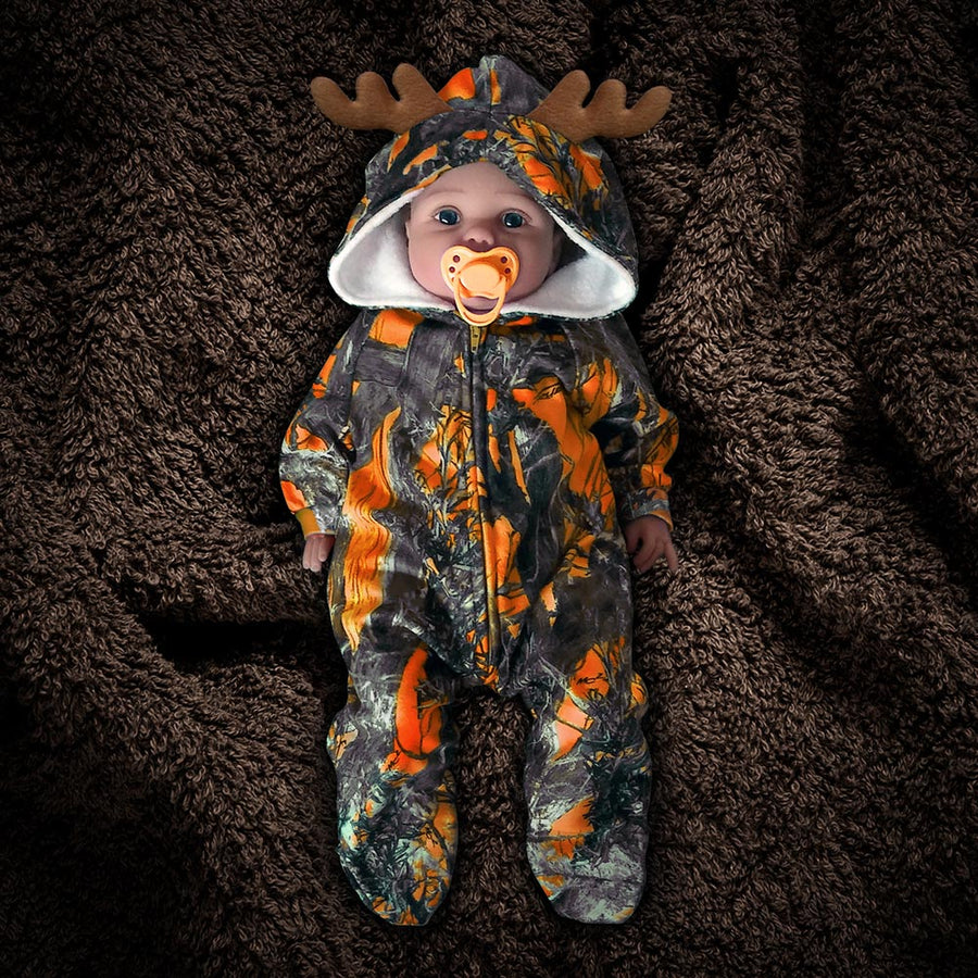 The Huntsie - Blaze (Orange) Camo Fleece Baby Jumpsuit with Hood and Antlers