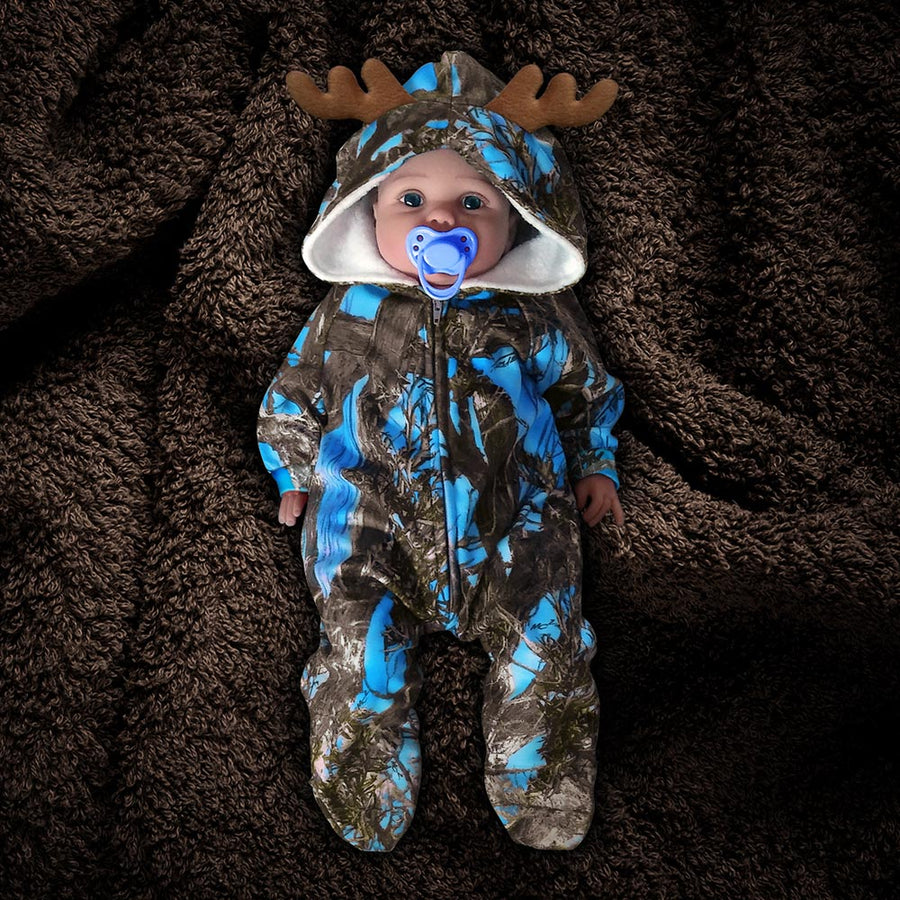 The Huntsie - Blue Camo Fleece Baby Jumpsuit with Hood and Antlers
