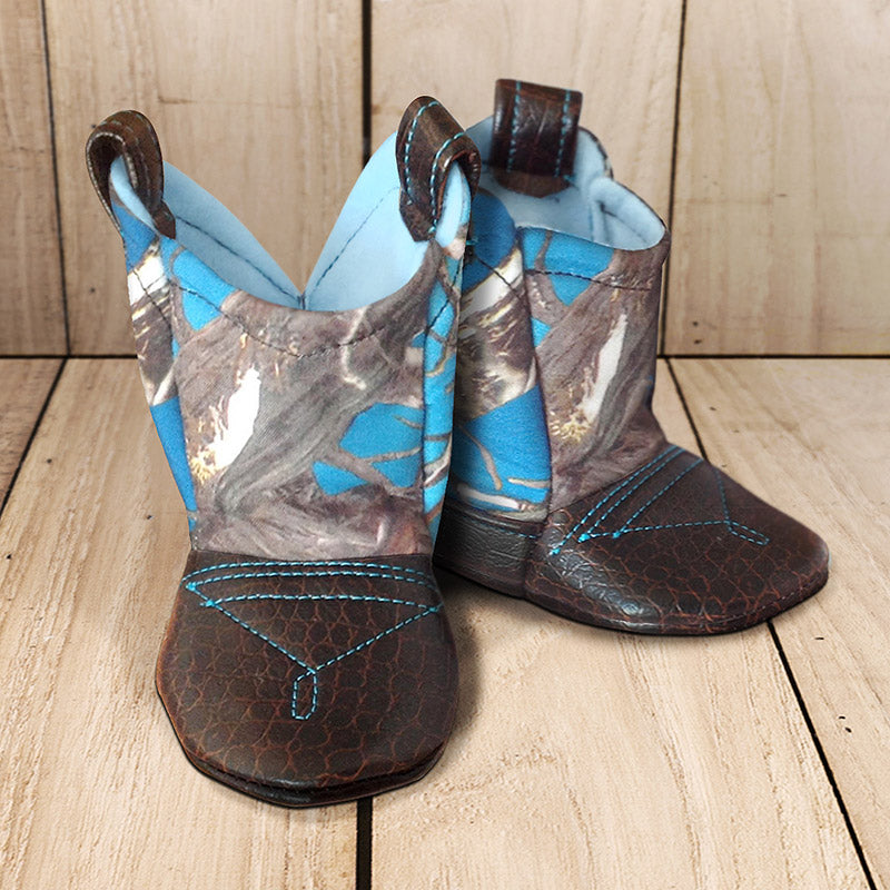 Baby's Cowboy Corral Boots - Blue Camo, Black Faux-Alligator Leather with Blue Stitching, Soft Baby Blue Felt Lining