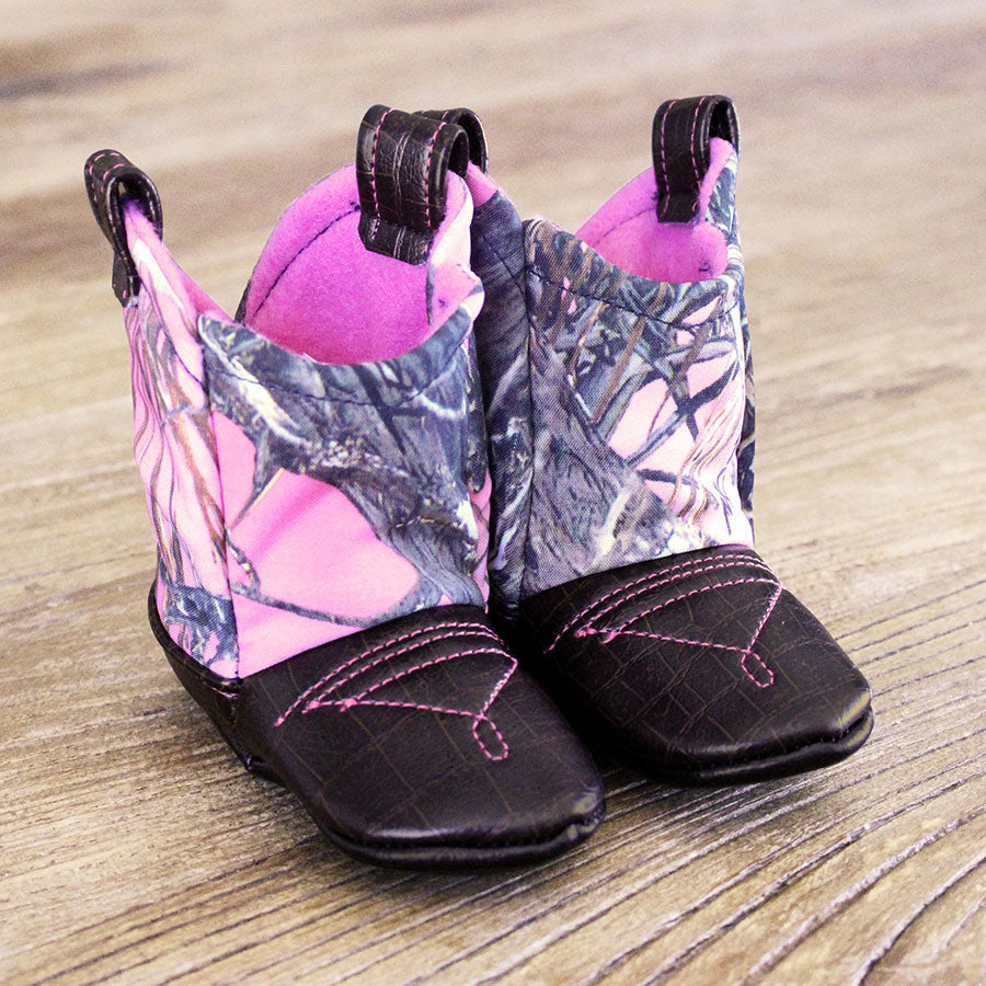 Baby's Cowboy Corral Boots - Pink Camo, Dark Brown Faux-Alligator Leather with Pink Stitching, Soft Bright Pink Felt Lining