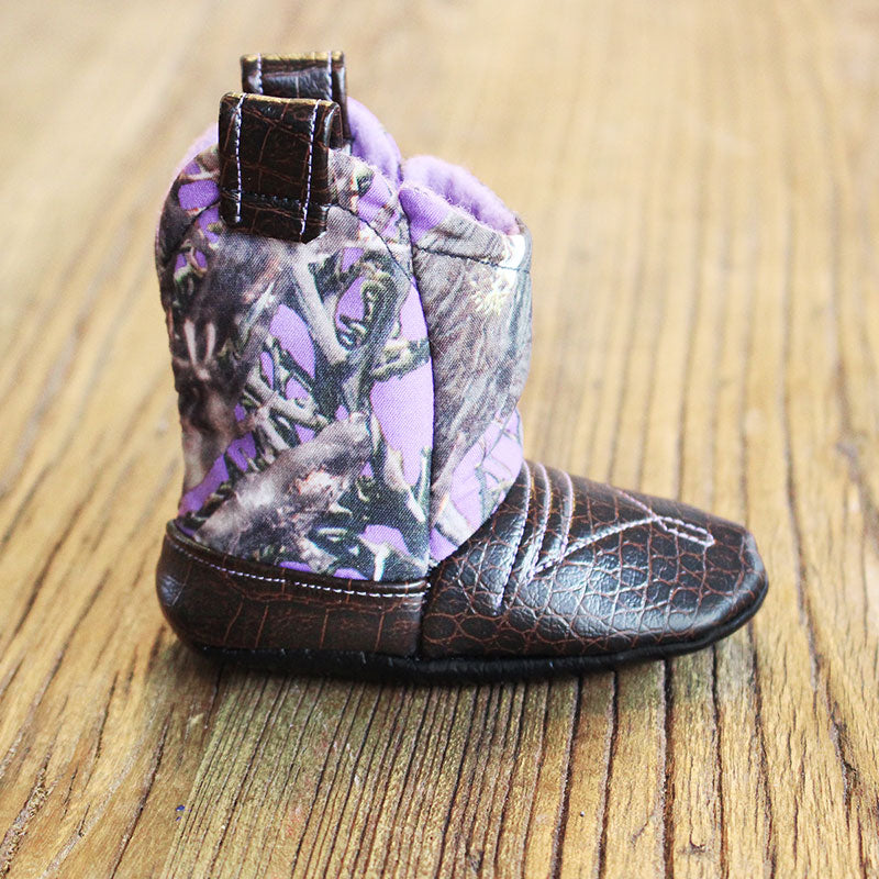 Baby's Cowboy Corral Boot - Purple Camo, Dark Brown Faux-Alligator Leather with Purple Stitching, Soft Purple Felt Lining