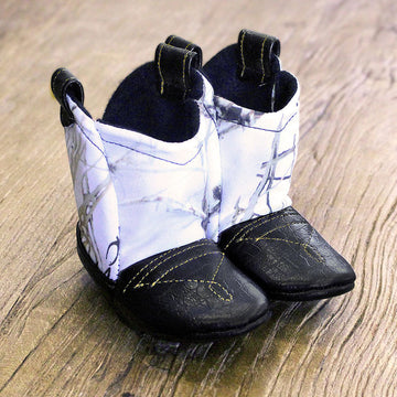 Baby's Cowboy Corral Boots - Snow (White) Camo, Black Faux-Alligator Leather with Gold Stitching, Soft Black Felt Lining