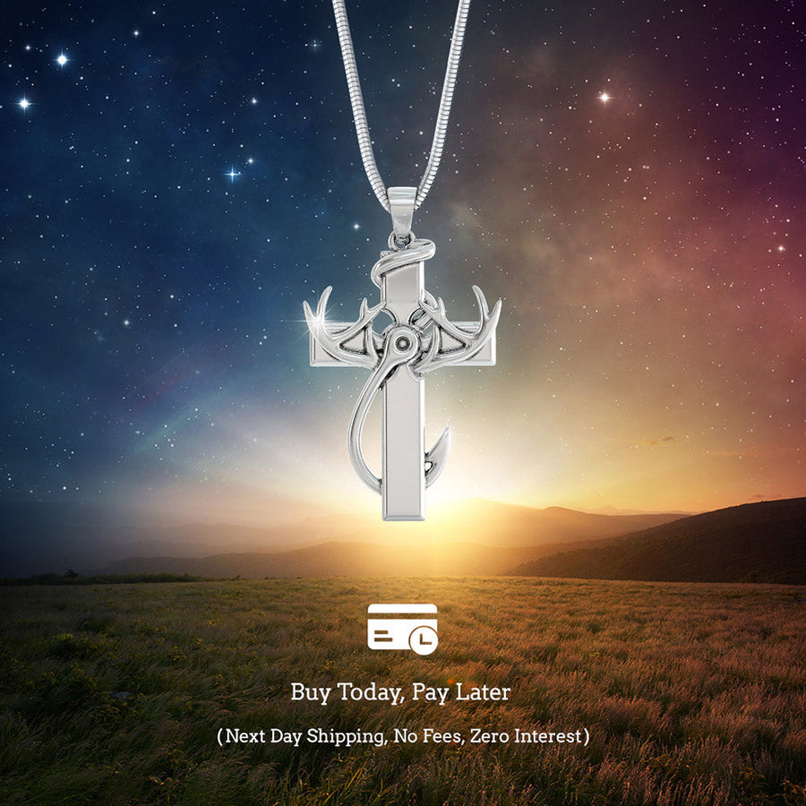 Hunting, Faith and Fishing - Sterling Silver Cross Pendant Necklace. Buy Today, Pay Later