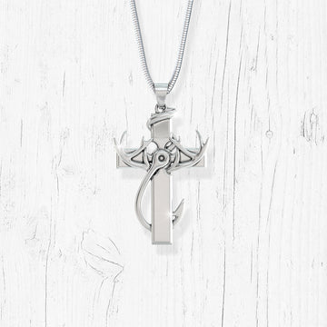 Hunting, Faith and Fishing - Sterling Silver Cross Pendant Necklace intertwined with Antlers and Fishing Hook