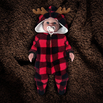 The Huntsie - Red/Black Buffalo Check (Lumberjack) Fleece Baby Jumpsuit with Hood and Antlers