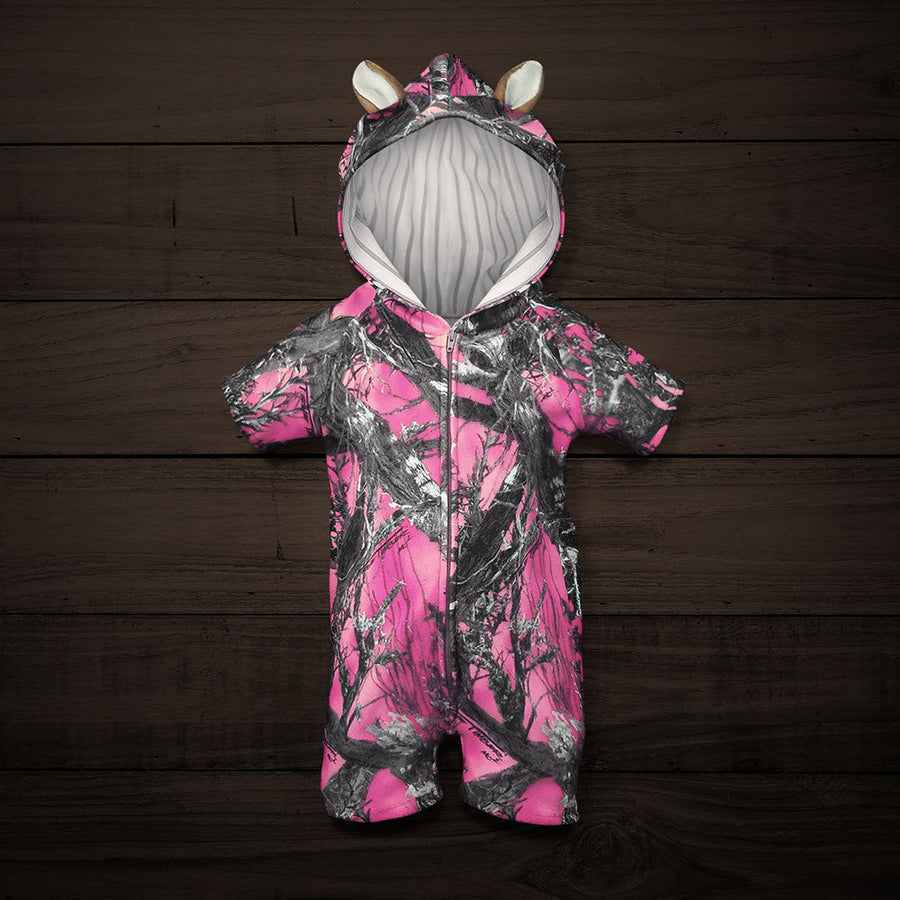 The Short-sleeve Huntsie - Pink Camo Baby Jumpsuit with Front Zipper, Hood and Ears