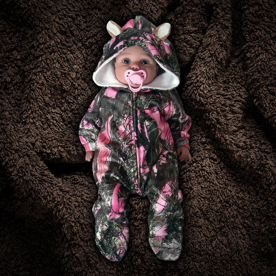 The Huntsie - Pink Camo Fleece Baby Jumpsuit with Hood and Ears