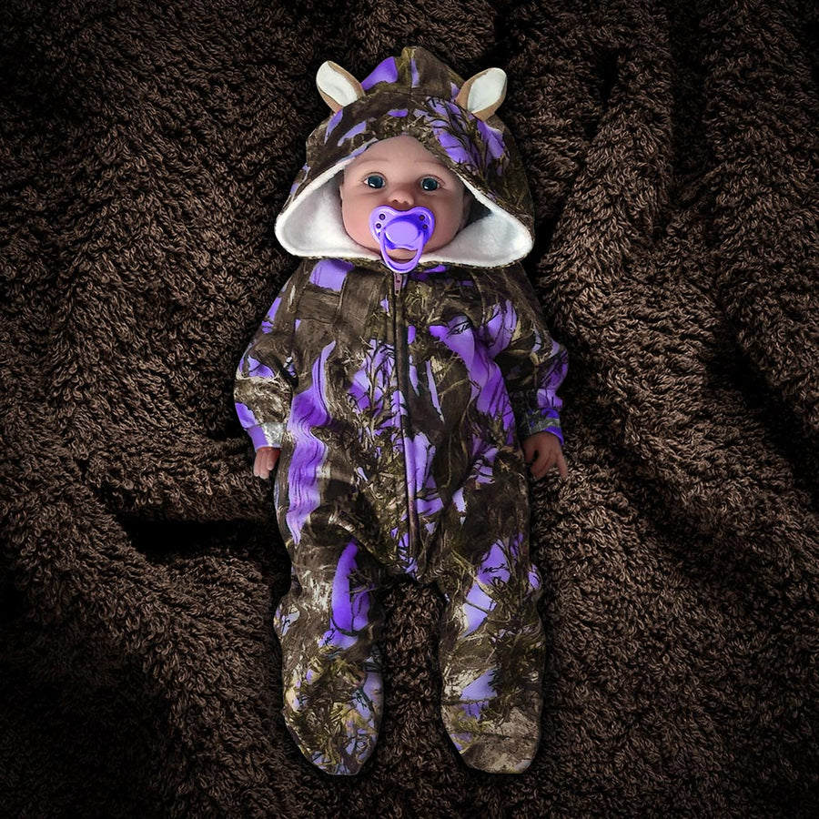 The Huntsie - Purple Camo Fleece Baby Jumpsuit with Hood and Ears