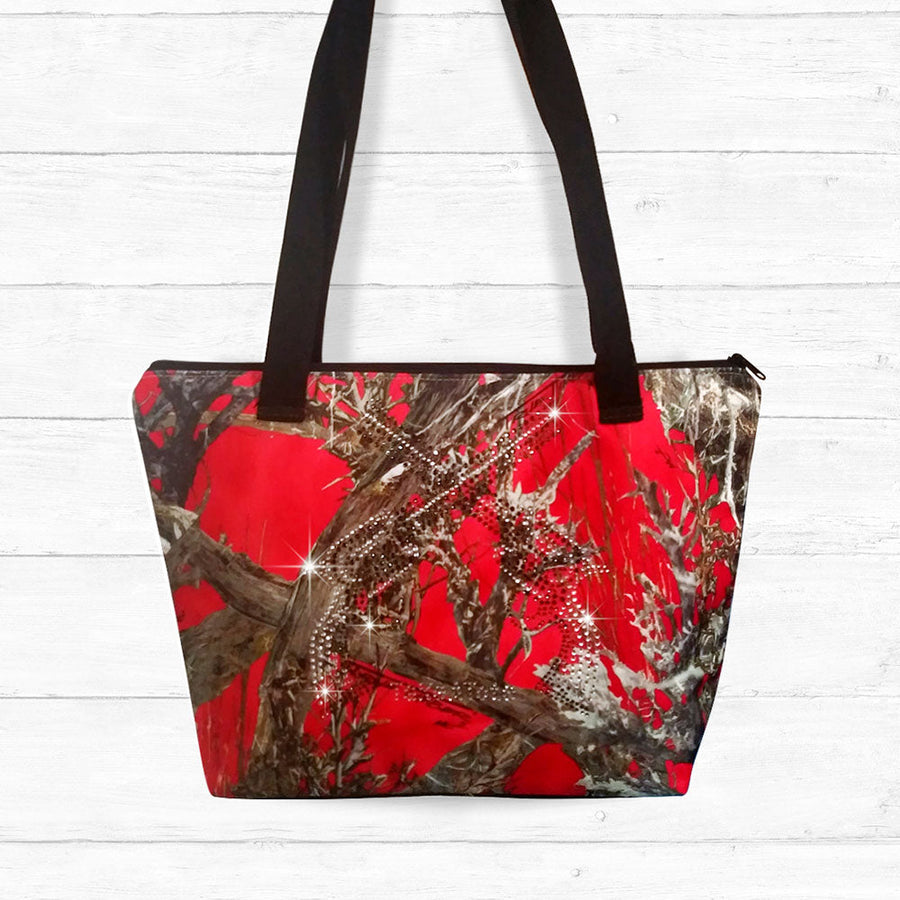 Red Camo Zip-up Shoulder Bag with Rhinestones