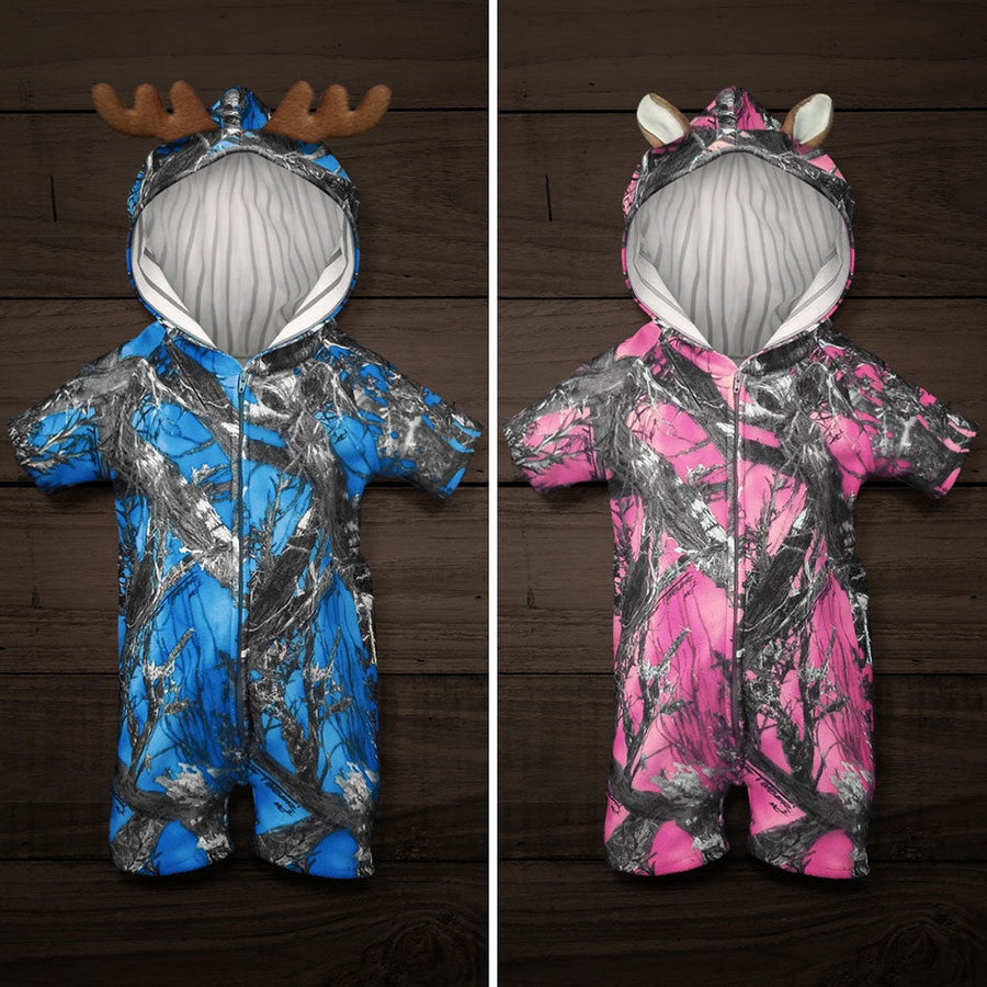 The Short-sleeve Huntsie - Camo Baby Jumpsuit with Front Zipper, Hood and Ears or Antlers