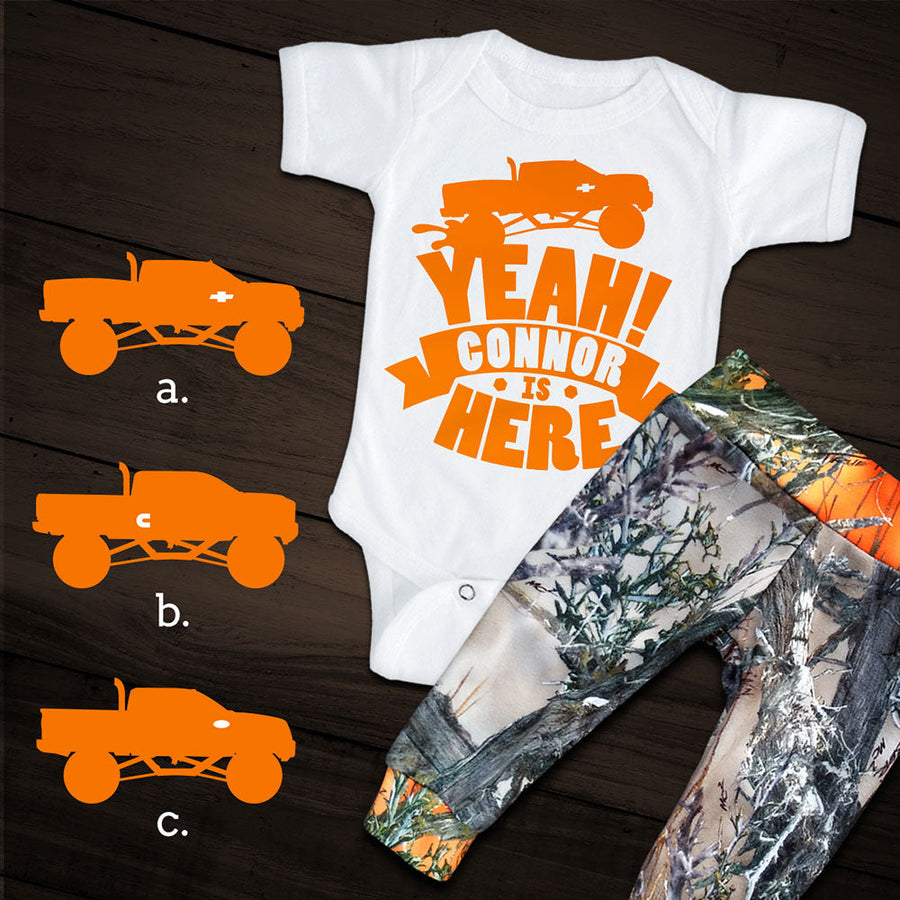 TRUCK YEAH! Personalized Onesie with Camo Pants